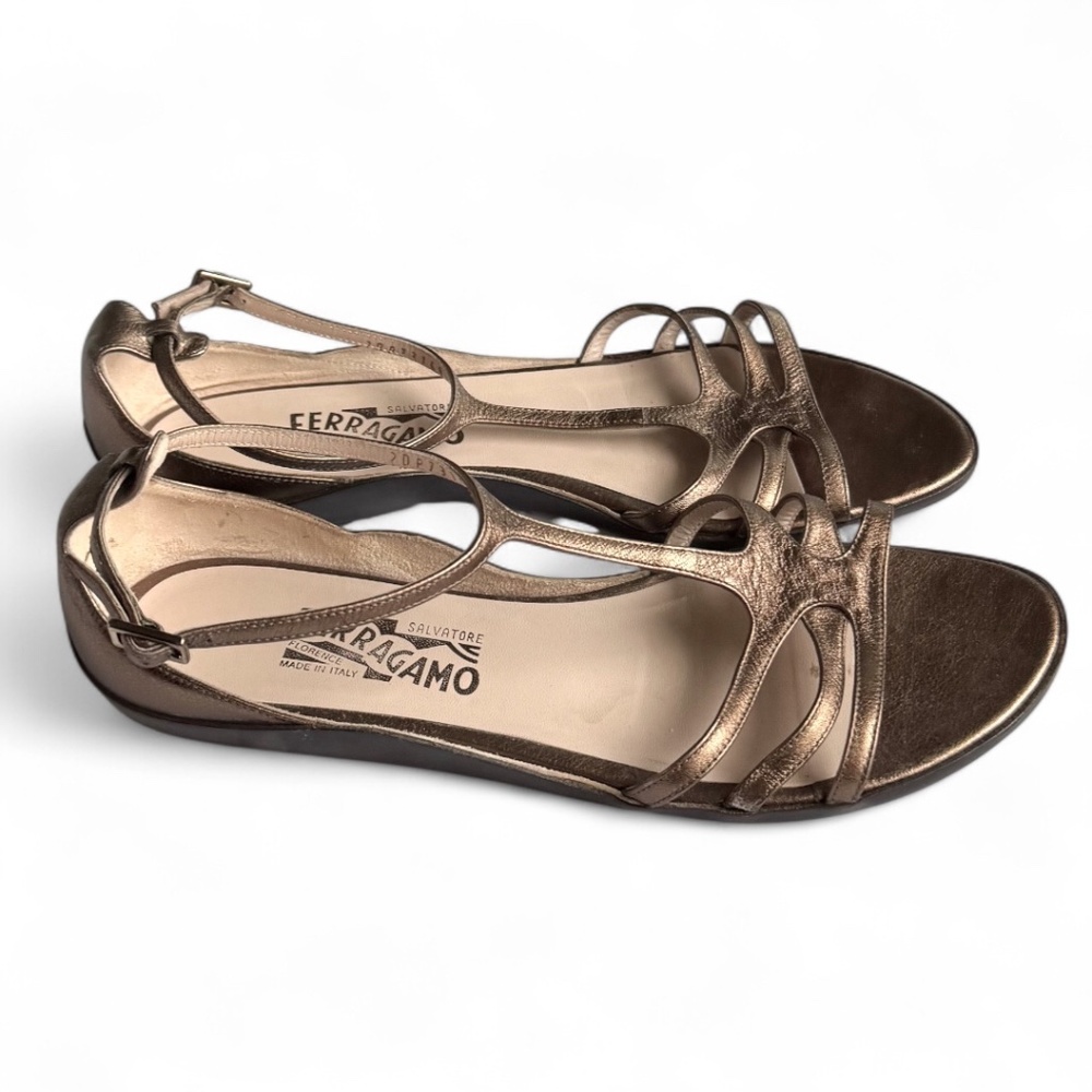 Salvatore Ferragamo Metallic Bronze Leather Strappy Sandals – Size 9B